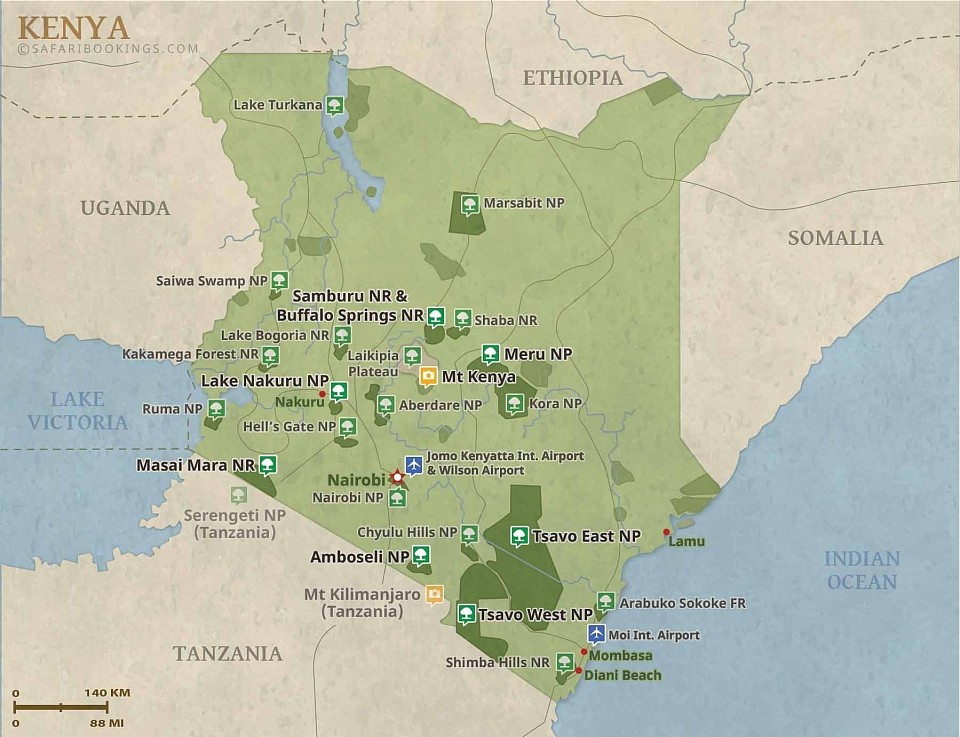 Kenya map with national parks and reserves